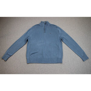 Tommy Hilfiger Sweater Mens Medium Blue Cotton Tight Knit Mock Neck Quarter Zip